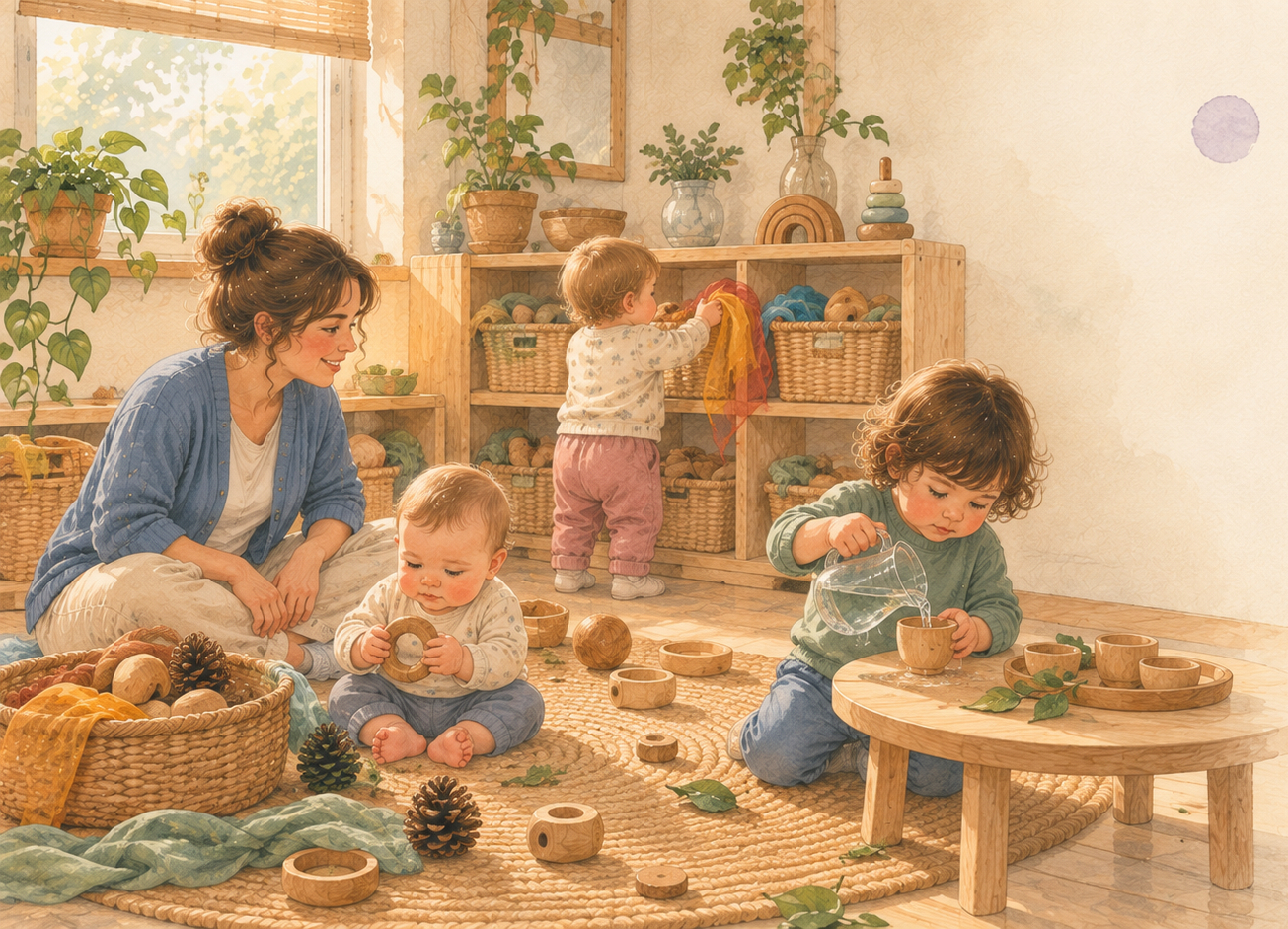 Una educadora seu a terra i observa, tranquil·la, tres infants d'edats diferents: un nadó explora una anella de fusta, un altre s'enfila a un prestatge baix per agafar mocadors i una nena aboca aigua en un got, concentrada.