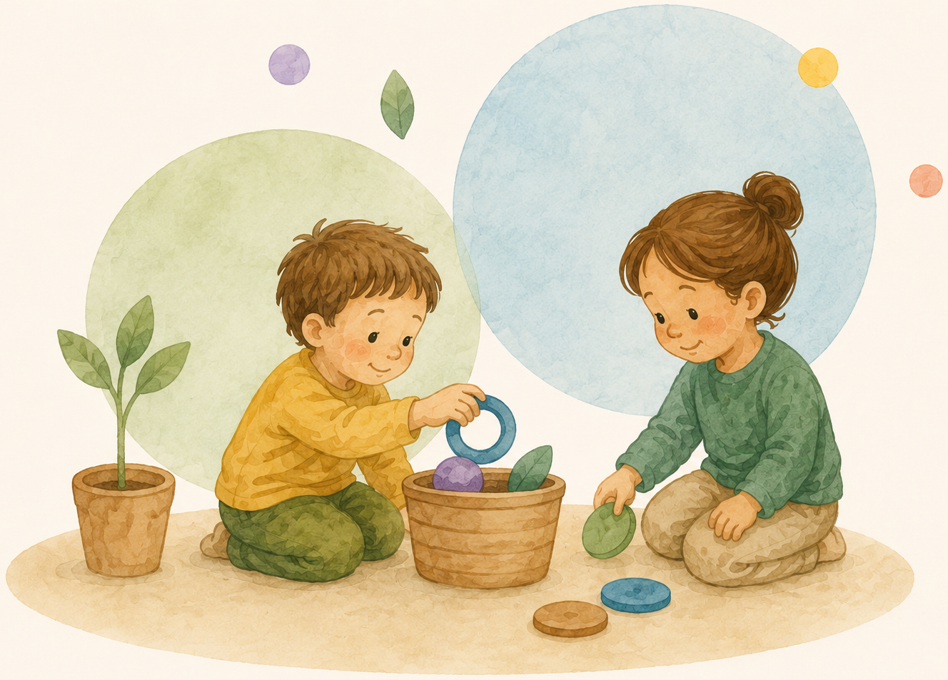 Dos infants asseguts a terra exploren una panera amb anelles i peces de fusta, al costat d'una planta