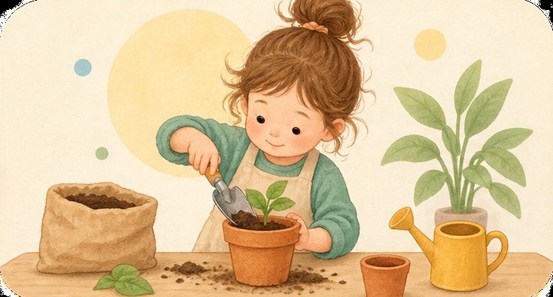 Una infanta planta un plançó en un test amb una pala petita, amb la regadora a la vora