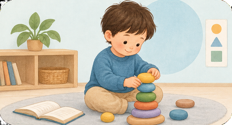 Un infant apila peces de colors per mida, amb un llibre obert al seu costat