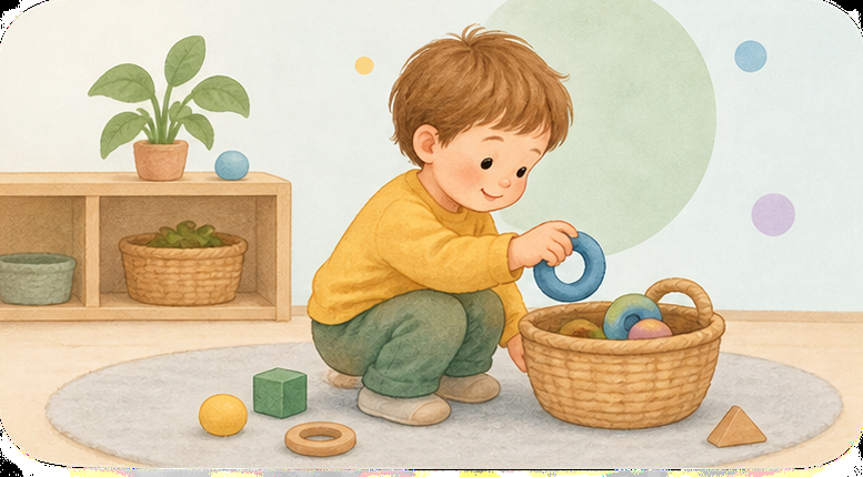 Un infant s'ajup a deixar una anella dins d'un cistell, amb peces de fusta a la catifa