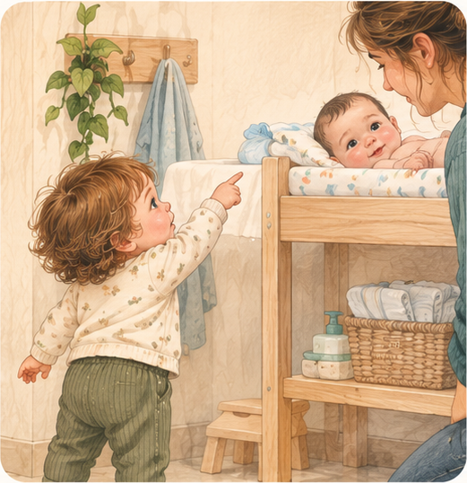 Anomenar o assenyalar l'infant que hi ha al canviador, o buscar-lo amb la mirada quan torna
