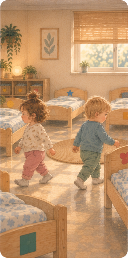 Continuar cap al seu llit mentre un altre infant va cap a un de diferent